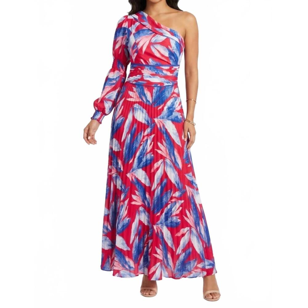 NEW CHICWAYS pleated one-shoulder maxi dress in crimson & royal blue